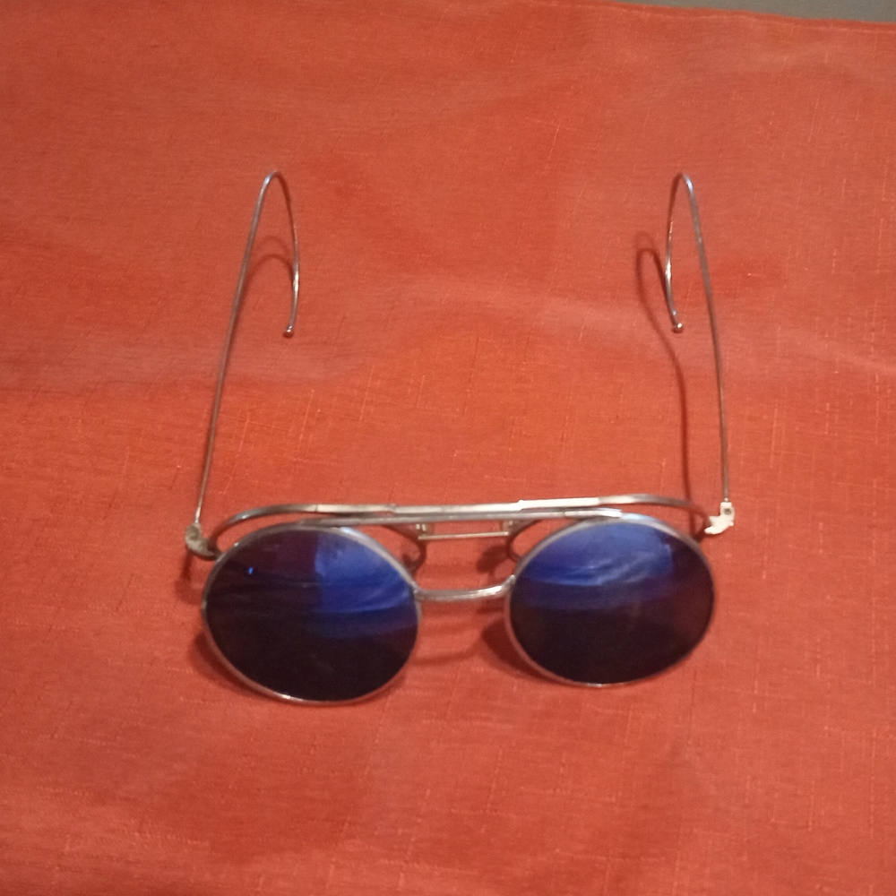 Vintage Cobalt Blue Welding Glasses. Gold Tone Wire Frame with Blue Lenses